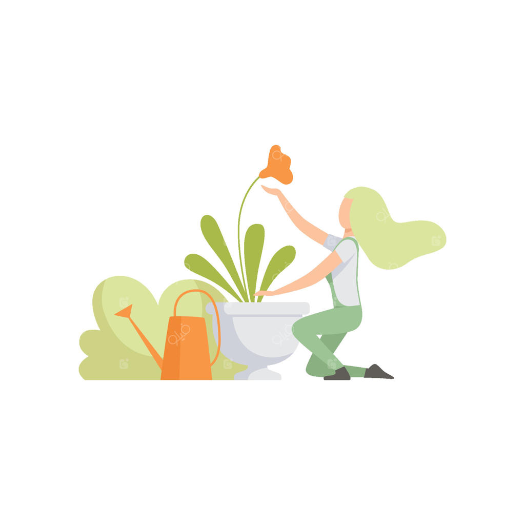 دختری در حال مراقبت و آبیاری گل‌ها در باغچه، تصویرسازی از کار افراد در باغ