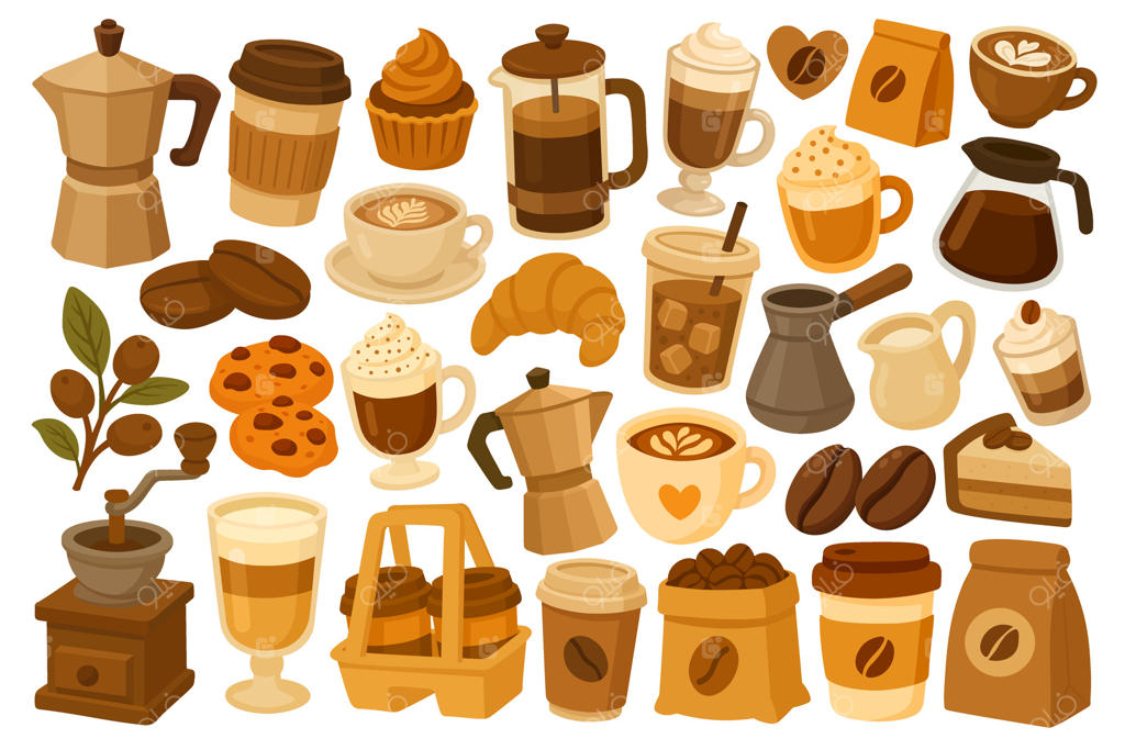 مجموعه کارتونی قهوه در فضای دنج: نوشیدنی‌ها، فنجان‌ها، دانه‌ها، دسرها، تجهیزات و عناصر دکوری.
