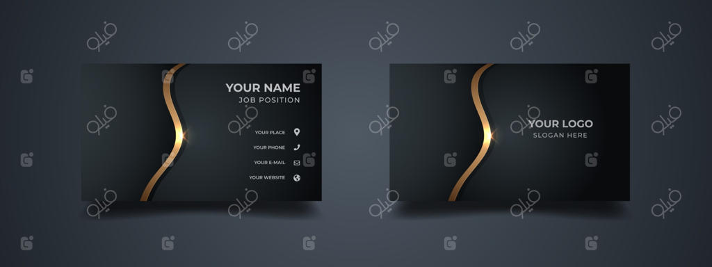 الگوی طراحی کارت ویزیت لوکس: پس‌زمینه تیره شیک با خطوط مواج طلایی براق. تصویر برداری آماده چاپ.