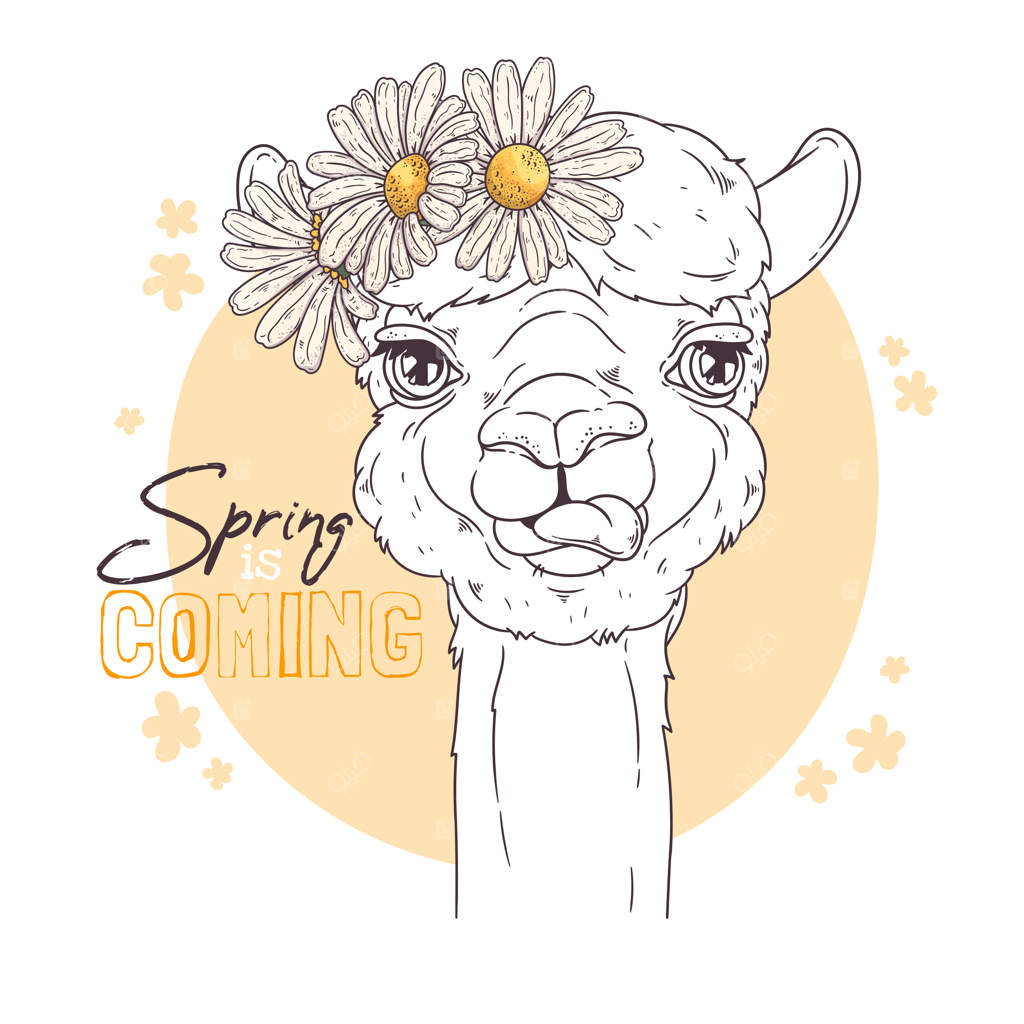 تصویر دست‌کشیده: پرتره‌ای از یک آلپاکای بامزه با گل‌ها.