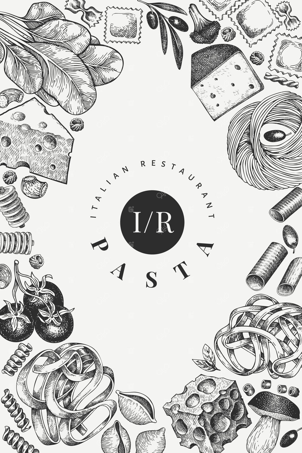 الگوی طراحی افزودنی‌های پاستای ایتالیایی. تصویرسازی غذا به صورت دستی. سبک حکاکی. پس‌زمینه‌ای با انواع پاستای قدیمی.