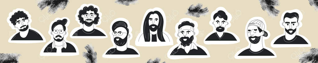 مجموعه‌ای از طرح‌های خطی چهره مردان با استیکر سبیل و ریش - مجموعه‌ای شیک از پرتره مردان هیپستر - تصویرسازی سیاه و سفید تخت