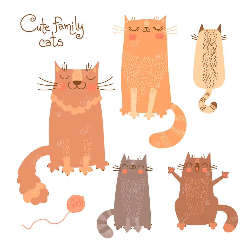 مجموعه بامزه گربه‌ها و بچه‌گربه‌ها. تصویرسازی وکتور.