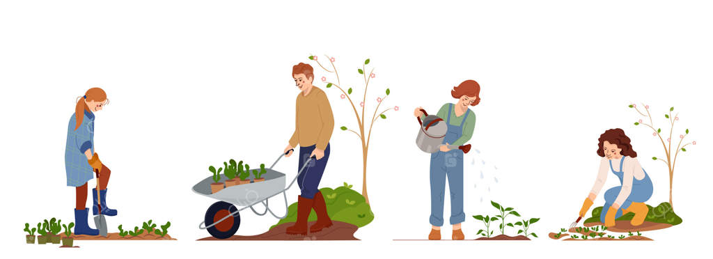 مراقبت کشاورزان از گیاهان: آبیاری و پرورش گیاهان، سبزیجات و گل‌ها در باغچه. مفهوم باغبانی و تغذیه ارگانیک. تصویرسازی کارتونی و ساده.