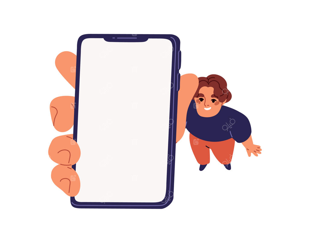 وکتور فلت مرد خوشحال در حال نشان دادن صفحه گوشی هوشمند؛ ماک‌آپ موبایل با صفحه خالی در دست کاربر خندان، ایزوله شده روی پس‌زمینه سفید