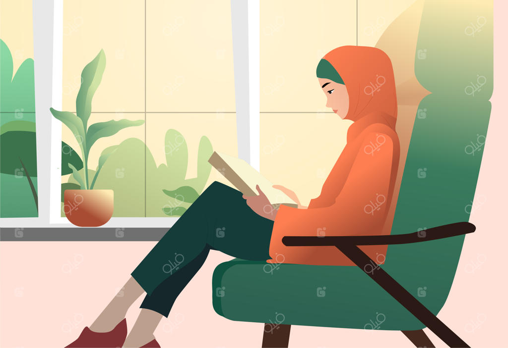 تصویرسازی کارتونی زن باحجاب در حال خواندن کتاب کنار پنجره