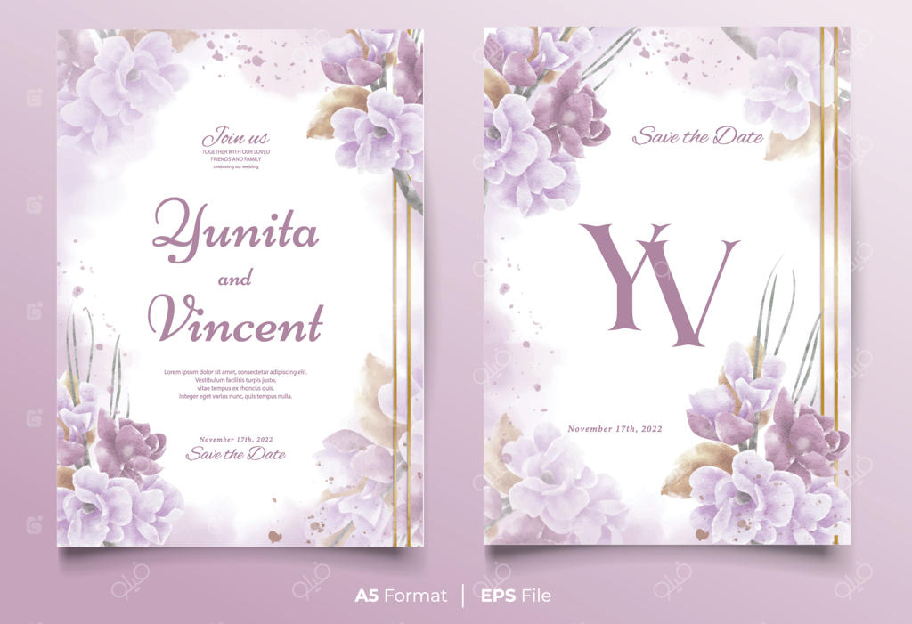 قالب کارت دعوت عروسی آبرنگی با تزئینات گل بنفش
