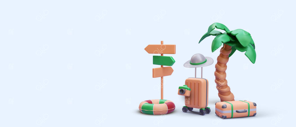 بنر گردشگری به سبک واقع‌گرایانه همراه با تصویر وکتور چمدان، دوربین، حلقه نجات و نخل