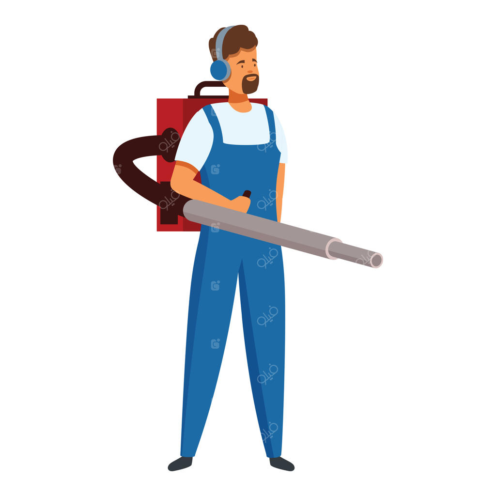 باغبان با هدفون و دستگاه دمنده برگ آماده کار می‌شود