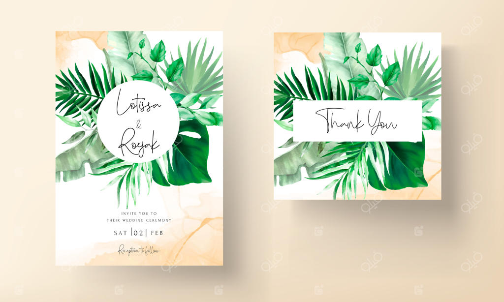 کارت دعوت عروسی شیک با طرح آبرنگی سبز گرمسیری