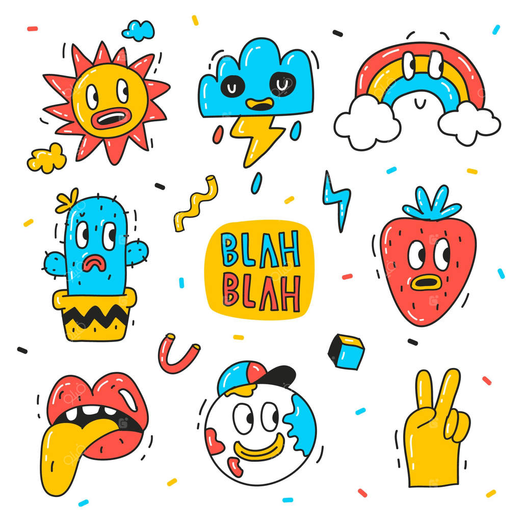 مجموعه عناصر کارتونی مد روز با طراحی دستی