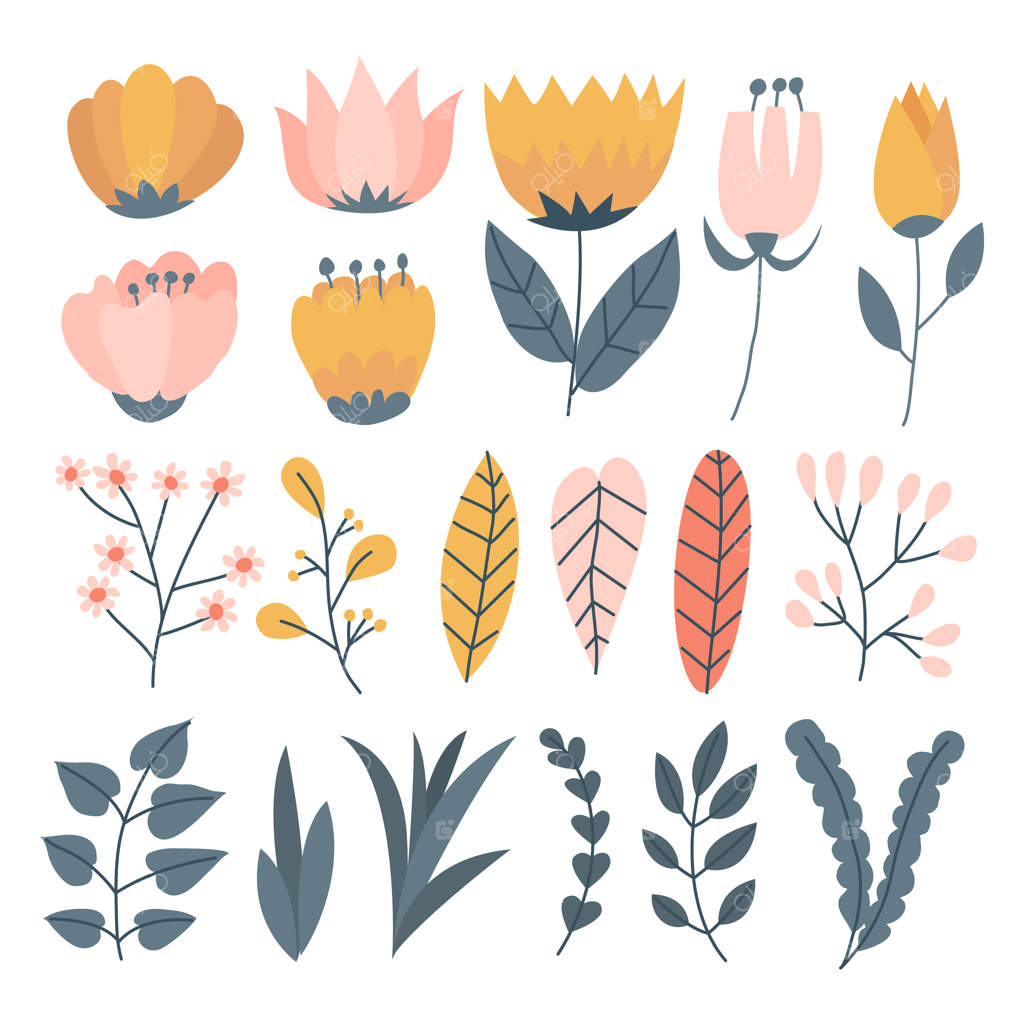 مجموعه گل‌های قدیمی و زیبای ریسه‌ای با عناصر گیاهی رنگارنگ.