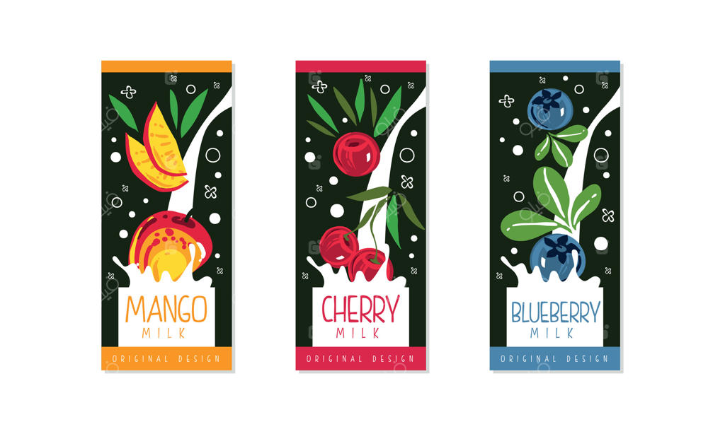 برچسب‌های شیر میوه: مجموعه‌ای از انبه، گیلاس، بلوبری - محصولات طبیعی لبنی، طراحی بسته‌بندی و برندینگ