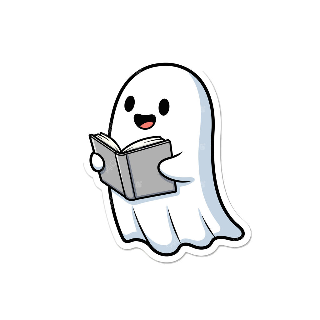 شبح کارتونی بامزه‌ای در حال خواندن کتاب است - روح دوست‌داشتنی از داستان‌های ترسناک لذت می‌برد و یادگیری را با این تصویر بازیگوشانه و شادی‌آور می‌کند.