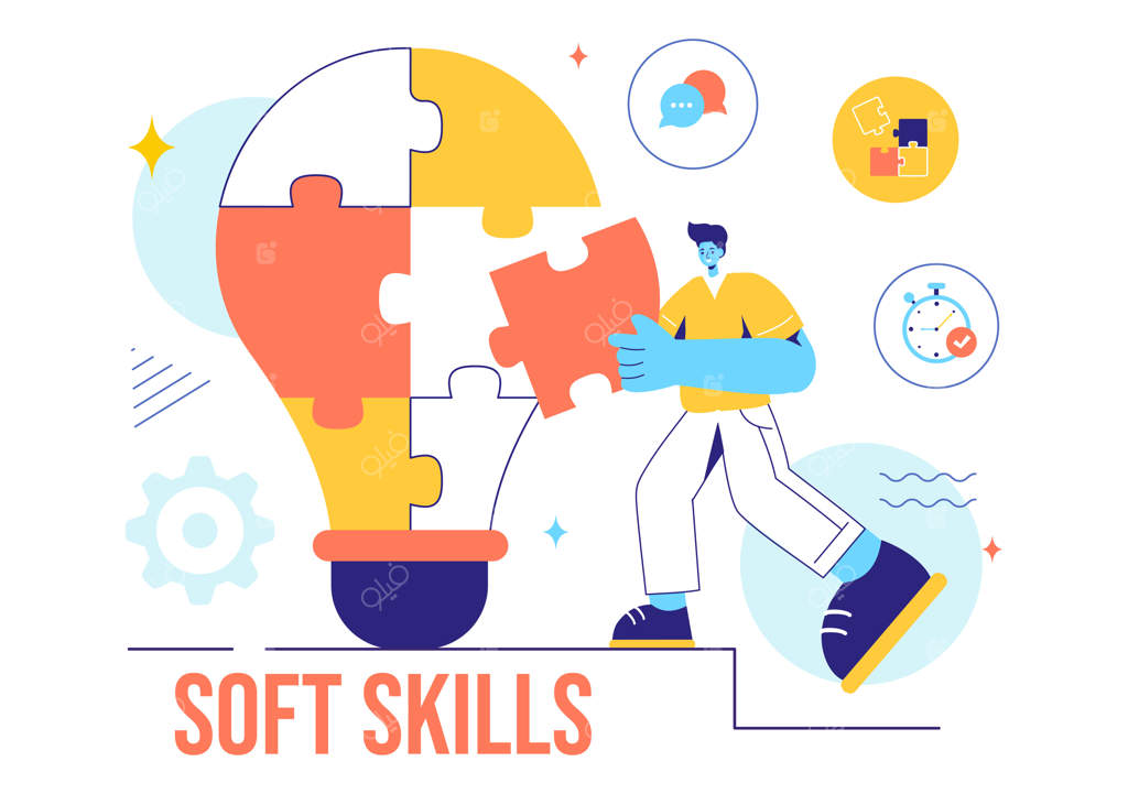 تصویر برداری از کارمندان اداری با مهارت‌های نرم: همدلی، ارتباط، توسعه ایده و آموزش در یک پس‌زمینه مسطح