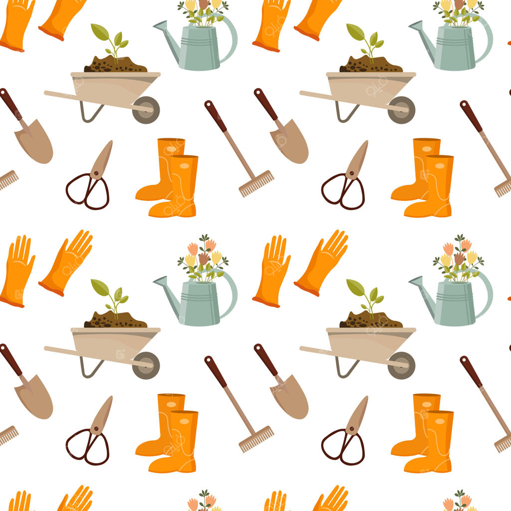 پترن بی‌درز: چرخ‌دستی باغ، بیل، شن‌کش، چکمه، دستکش، آب‌پاش، لانه پرنده. پس‌زمینه بهاری، چاپ وکتور