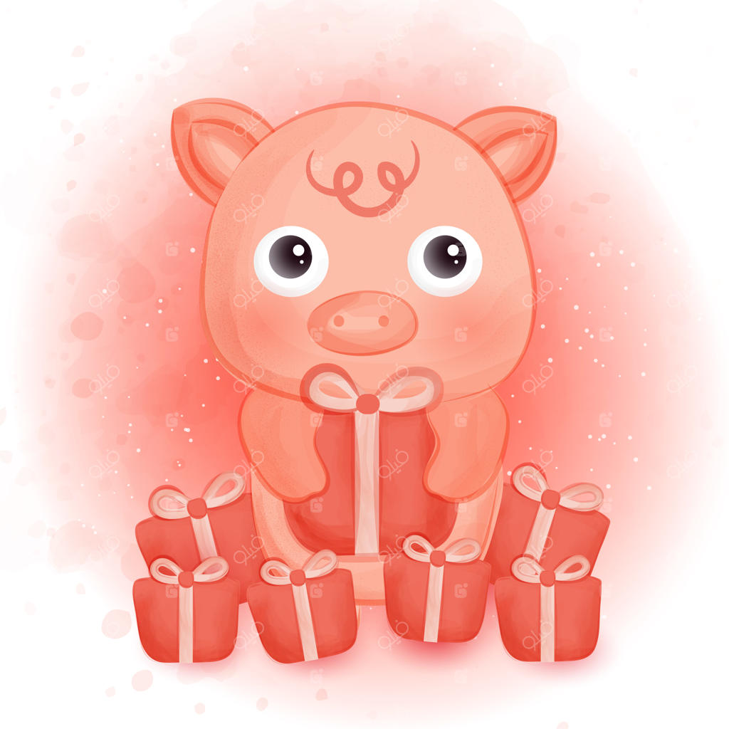 خوک بامزه با جعبه کادو در سبک آبرنگی.