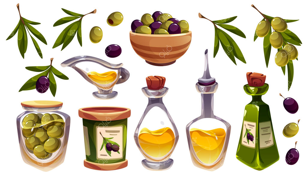 آیکون‌های مواد غذایی با طرح زیتون، بطری روغن و برگ