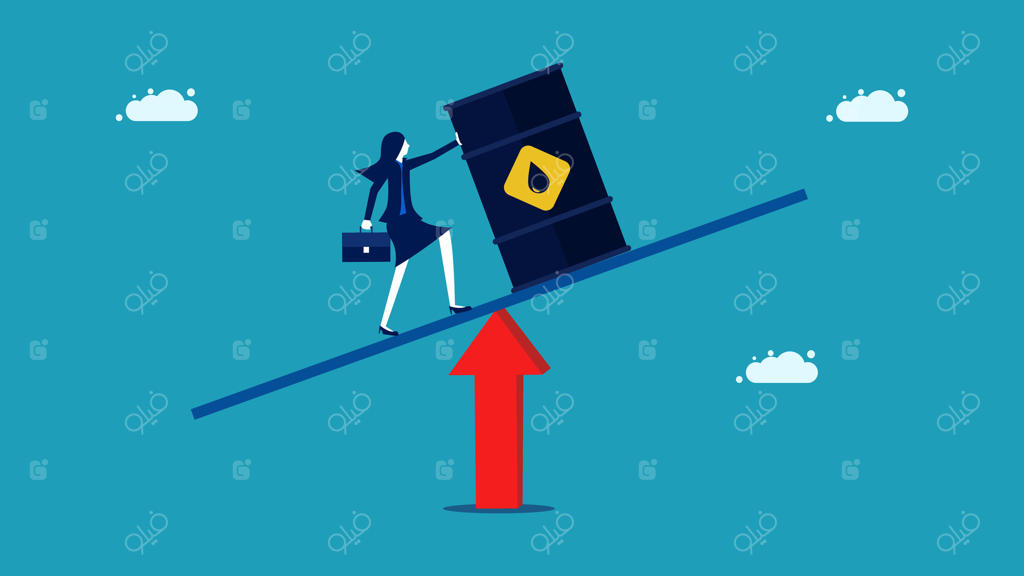 زن تاجر بر روی تیرک تعادل با یک پیکان بزرگ که به سمت بالا اشاره می‌کند