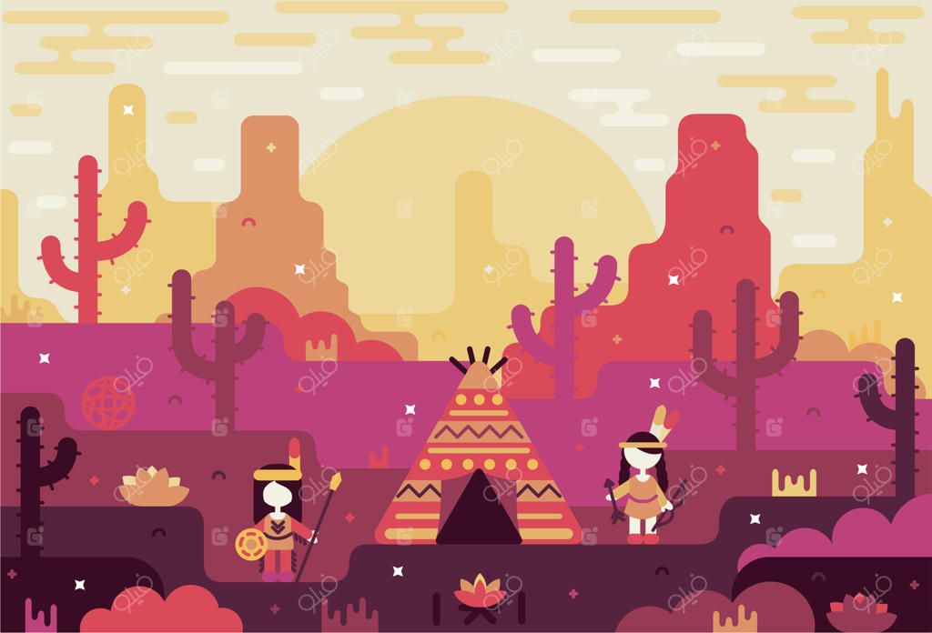 تصویرسازی از کودکان سرخپوست آمریکایی با تیر و کمان، نیزه و ویگوام