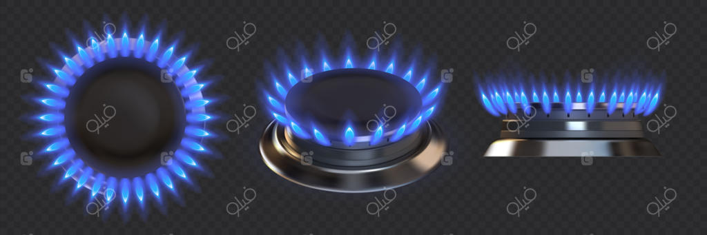وکتور شعله آبی و واقعی اجاق گاز، نمای بالا و جانبی آتش سوزان برای پخت‌وپز با پس‌زمینه شفاف و سوخت پروپان