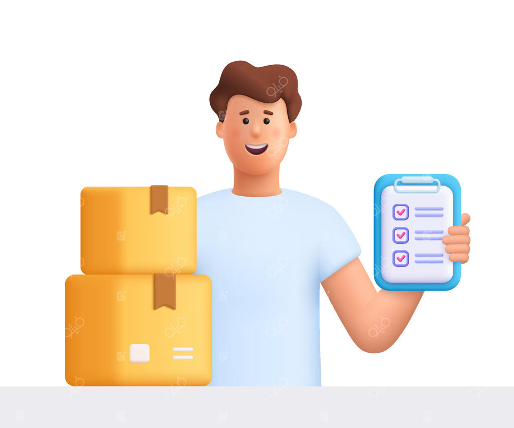 مرد جوان خندان به نام جیمز با جعبه مقوایی و در دست داشتن تخته‌کلیپ با چک‌لیست. مفهوم تحویل امن کالا. شخصیت سه‌بعدی با سبک کارتونی و مینیمال.