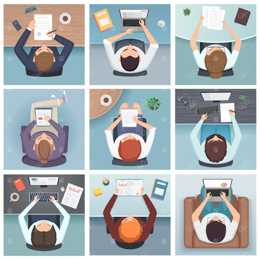 نمای بالا از افراد: جلسه کاری شخصیت‌های تجاری در فضای کار از بالا