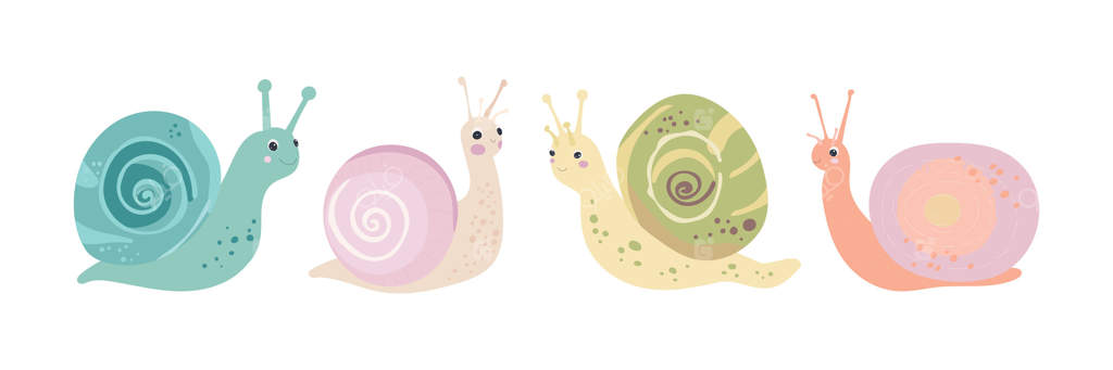 چهار حلزون رنگارنگ پاستلی با صدف‌های حلزونی و چهره‌های خندان، مناسب برای مجموعه‌های حیوانات بامزه باغ، مواد آموزشی کودکان و کلیپ‌آرت‌های با موضوع طبیعت