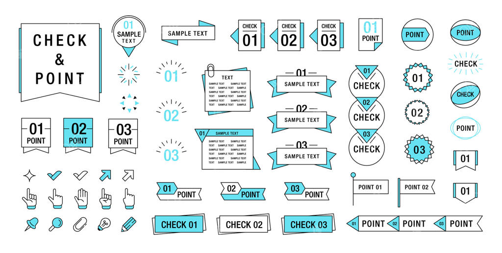 بررسی و اشاره به عناصر. نمادهای مینیمالیستی تایید و جهت. علامت‌های تیک و نشانه‌های اشاره ژاپنی. مجموعه‌ای از قاب‌های ساده، روبان، بنر، پیکان، نشانگر و اشاره‌گر انگشت.