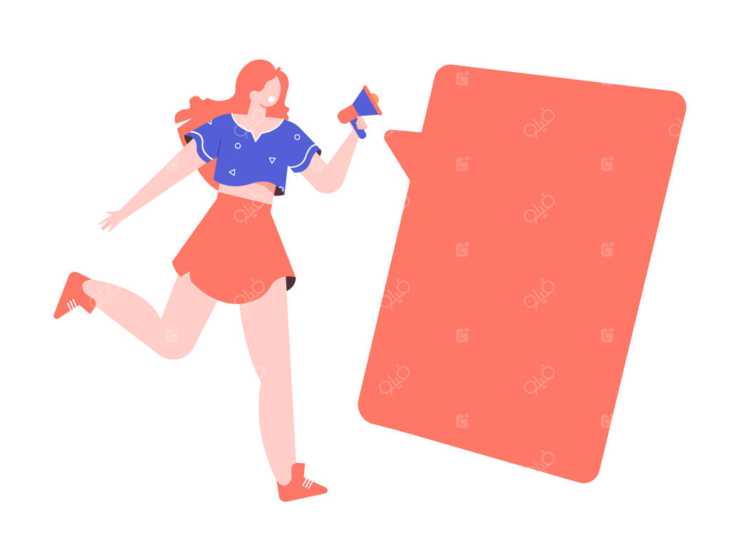 دختر پرانرژی با بلندگو می‌دود. پیام مهم. حباب گفتار خالی برای متن. تصویرسازی ساده.