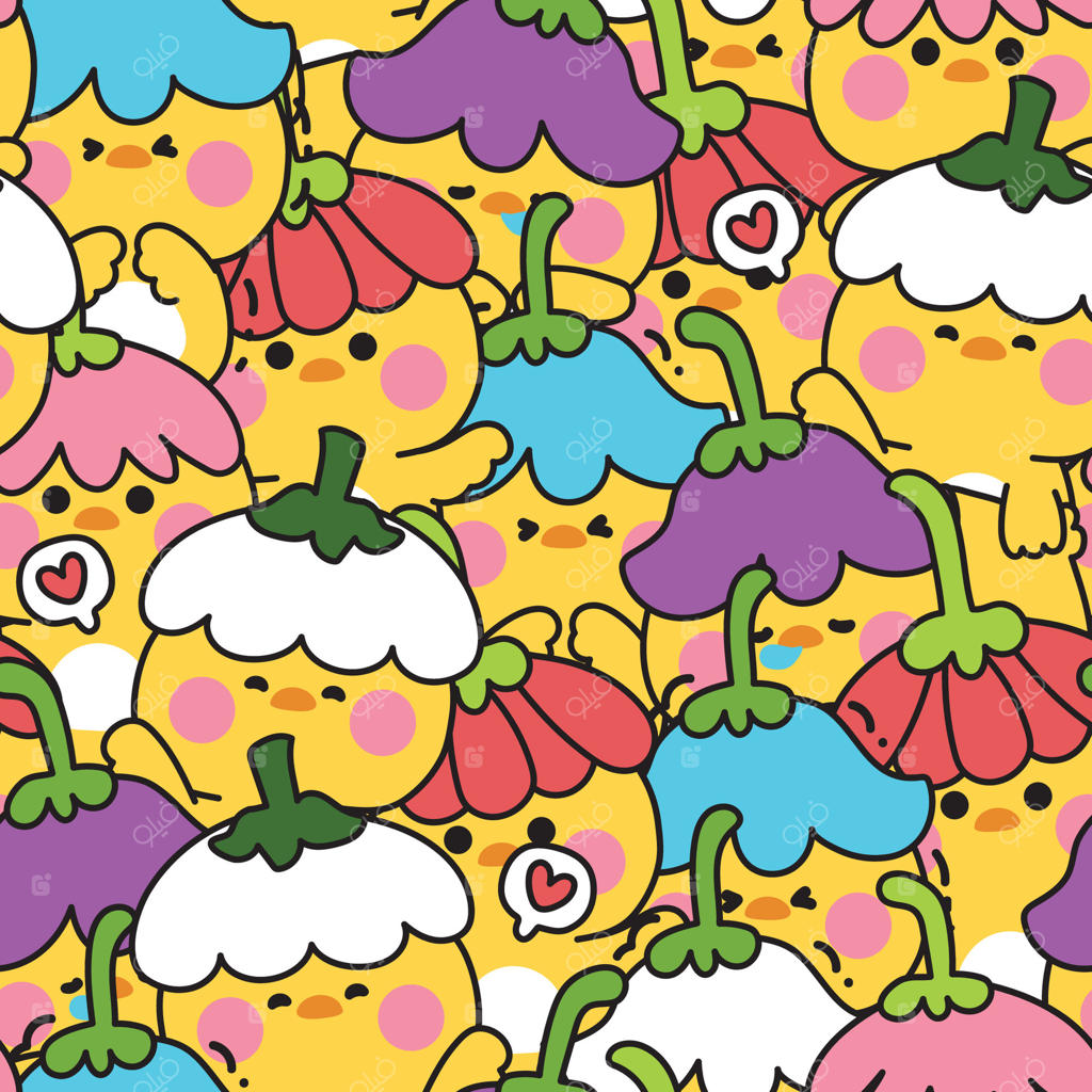 پترن یکپارچه جوجه‌های بامزه با کلاه گلدار در حالت‌ها و احساسات مختلف. بهار. طبیعت. اردک. پرنده. کاراکتر حیوانات مزرعه. طراحی کارتونی. کاوایی. تصویرسازی.