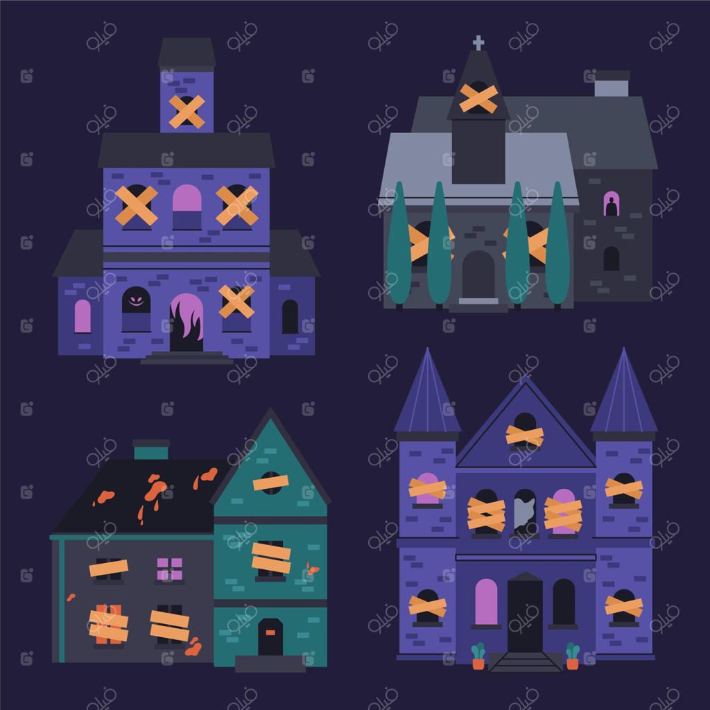 مجموعه خانه‌های ترسناک هالووین به‌صورت نقاشی دست‌ساز