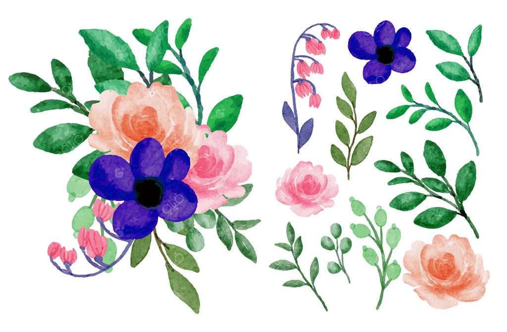 دسته گل زیبا و برگ‌های تزئینی به سبک آبرنگی