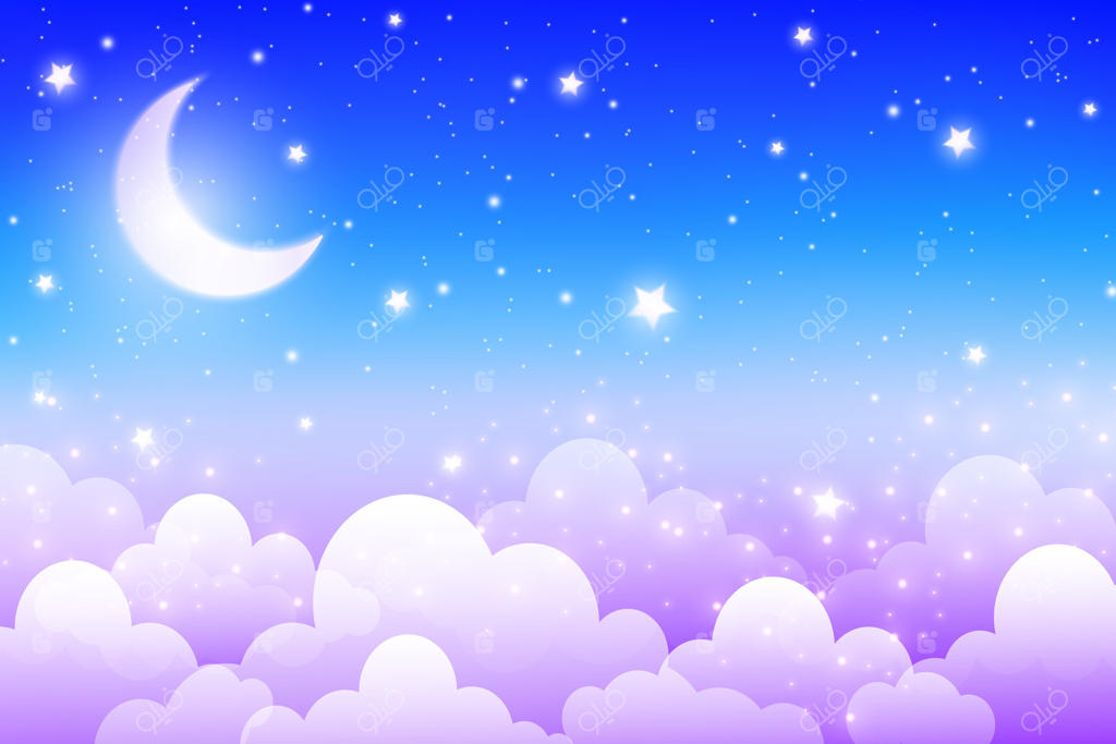 پس‌زمینه آسمان شب؛ فضای آبی و ابری همراه با ماه و ستاره. صحنه فانتزی و کارتونی نیمه‌شب با حال‌وهوای خواب و منظره‌ای بامزه با هلال ماه.