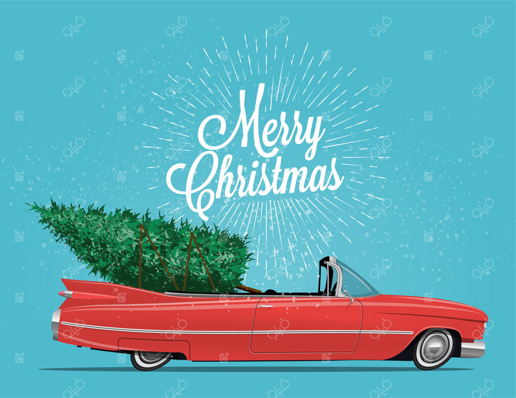 نمای جانبی ماشین کلاسیک روباز قرمز به سبک کارتونی با درخت کریسمس.