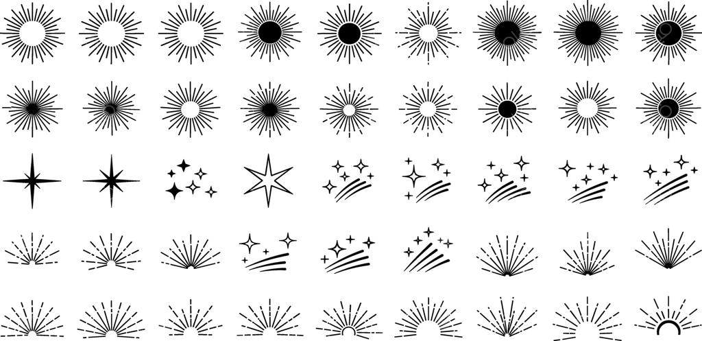تصویر خورشید، ستارگان و خطوط تابان به سبک طراحی دستی