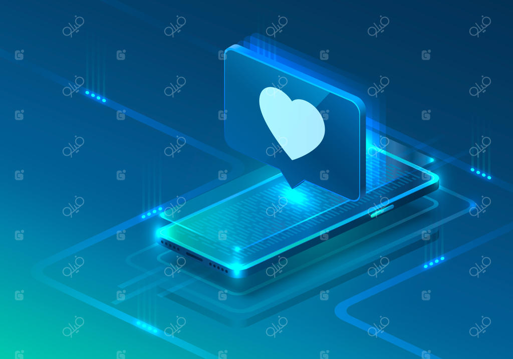 آیکون نئونی قلب روی صفحه گوشی با طراحی مدرن و پس‌زمینه آبی