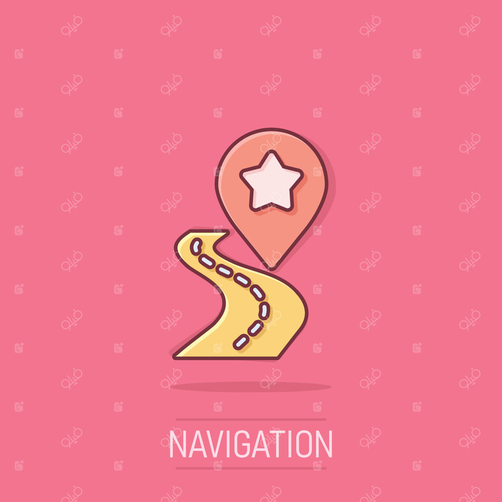آیکون پین نقشه به سبک کمیک. تصویرسازی برداری کارتونی برای ناوبری GPS. مفهوم تجاری موقعیت‌یابی با جلوه‌ای جذاب.