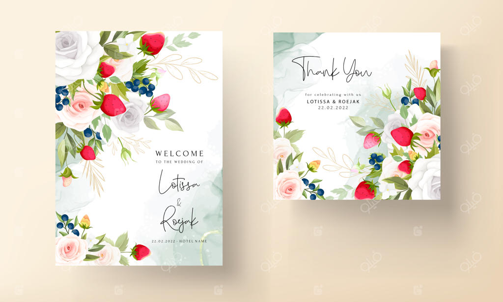 کارت دعوت عروسی با طراحی گل رز زیبا و تزیینات توت‌فرنگی و بلوبری