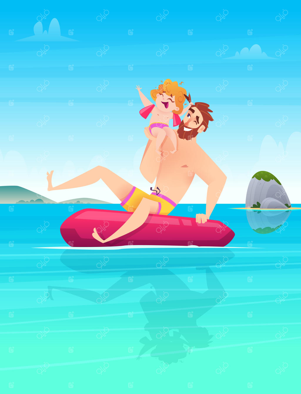 پدر و دختر خوشحال روی تیوپ نجات در دریای آبی سرگرم تفریح و شیطنت کردن هستند