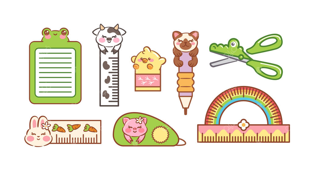 تصویرسازی‌های دلربا از لوازم تحریر بامزه و کودکانه، با رنگ‌های شاد و شخصیت‌های بازیگوش؛ ایده‌آل برای بازگشت به مدرسه و فعالیت‌های آموزشی سرگرم‌کننده.