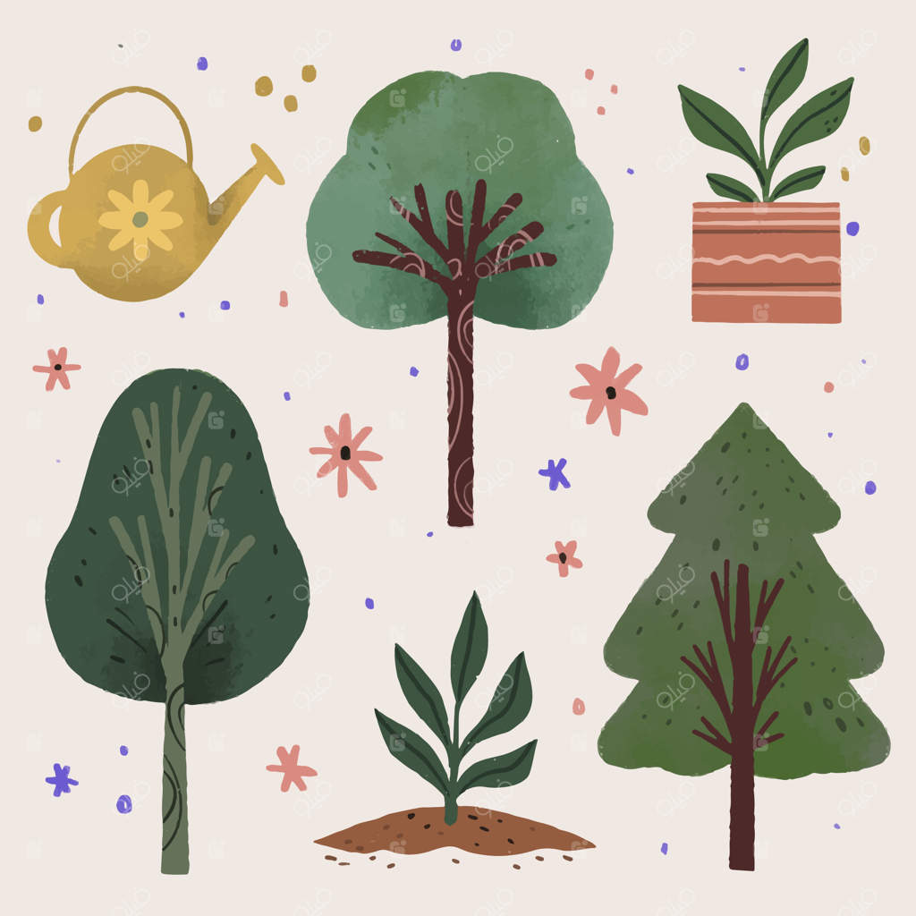 مجموعه‌ای از عناصر نقاشی‌شده برای روز درختکاری