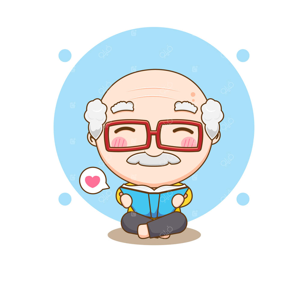 شخصیت کارتونی پیرمرد بامزه در حال کتاب خواندن
