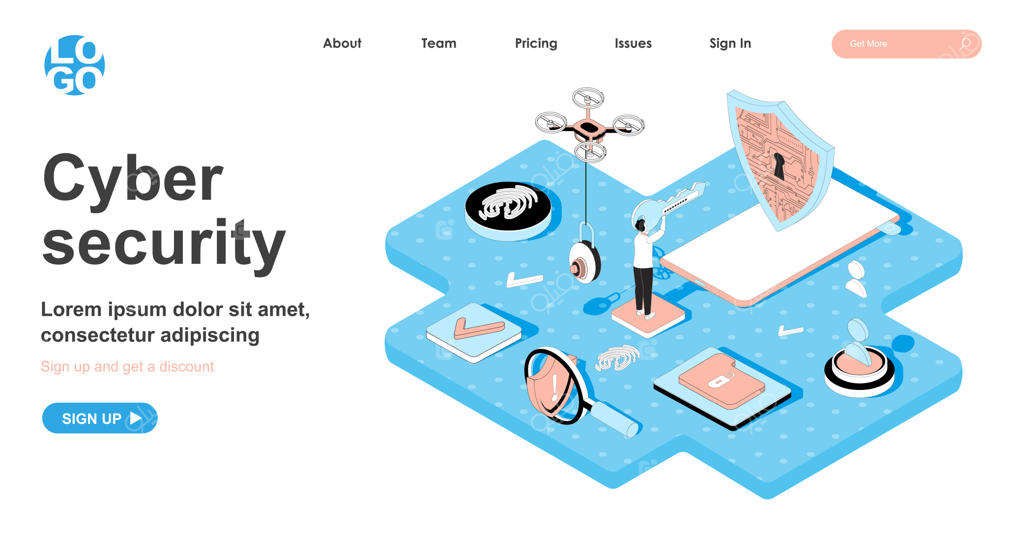 مفهوم امنیت سایبری به صورت ایزومتریک در طراحی سه‌بعدی برای صفحه فرود