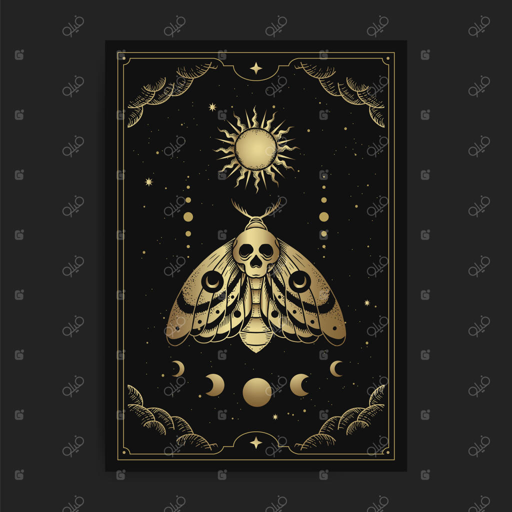 شب‌پره مرگ و زینت ماه و خورشید با حکاکی دست‌کشیده، لوکس، اسرارآمیز، سبک بوهمیان، مناسب برای امور ماوراءالطبیعه، تاروت‌خوان، ستاره‌شناس یا طراحی تاتو