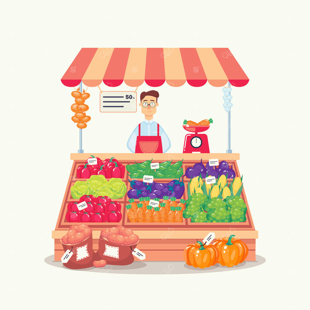 کشاورز فروشنده محصولات سبزی در غرفه