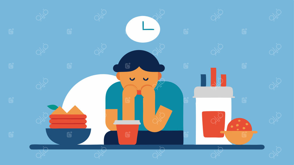 انتخاب‌های ناسالم غذایی: شخصی پشت میز در حال خوردن فست فود با نشانه‌های استرس از جمله قهوه ریخته‌شده، کاغذهای پراکنده و یک ساعت نشان‌دهنده ساعات دیرهنگام.