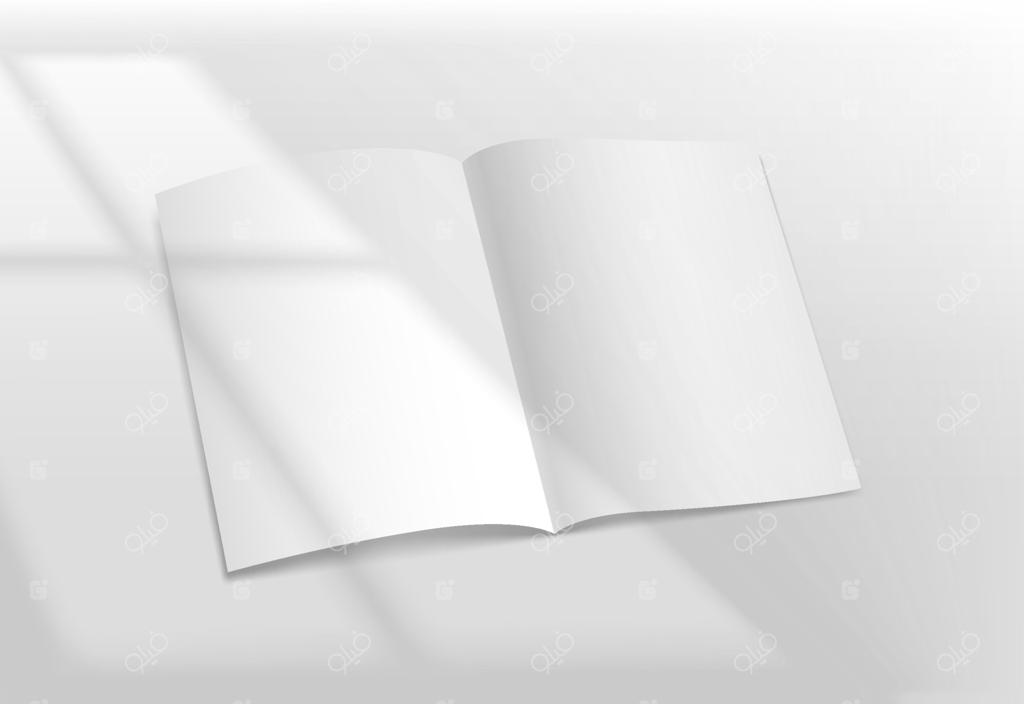 کتاب باز سفید روی میز زیر نور پنجره؛ موکاپ وکتور واقع‌گرایانه با افکت شراره خورشید