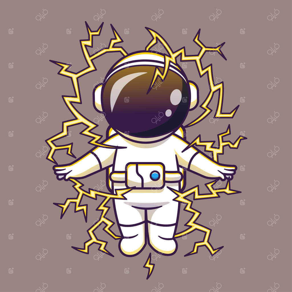 تصویر کارتونی بامزه فضانورد با عنصر رعد و برق الکتریسیته. علم و فناوری