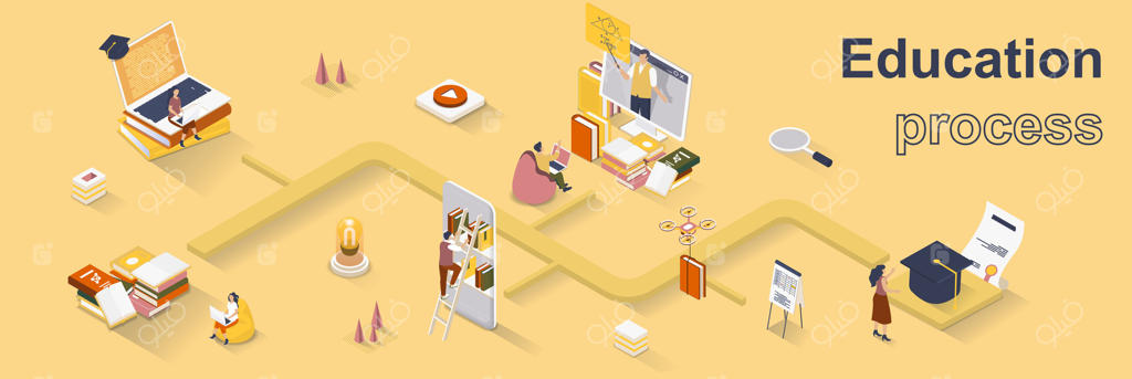 مفهوم فرآیند آموزش - بنر وب ایزومتریک سه‌بعدی. یادگیری افراد، مطالعه کتاب‌ها، تحصیل آنلاین، فارغ‌التحصیلی از دانشگاه با مدارک. تصویرسازی برای طراحی صفحه فرود و قالب وب.
